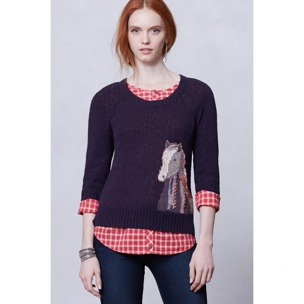 Anthro Moth Saddleback Embroidered Horse Sweater​​​​​​​